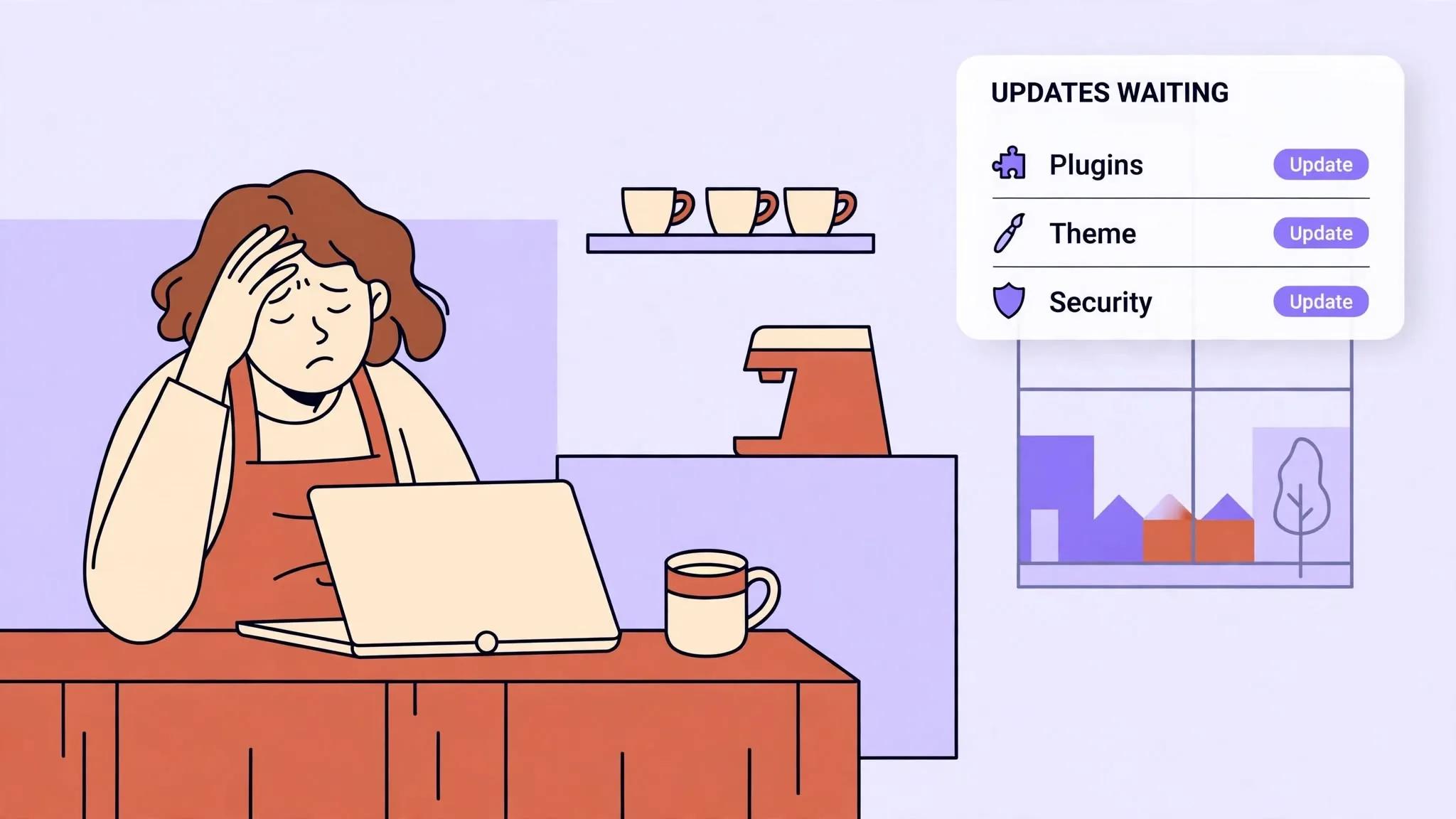 A tired cafe owner with her hand on her forehead, sitting behind a laptop, with an "Updates waiting" panel beside her.