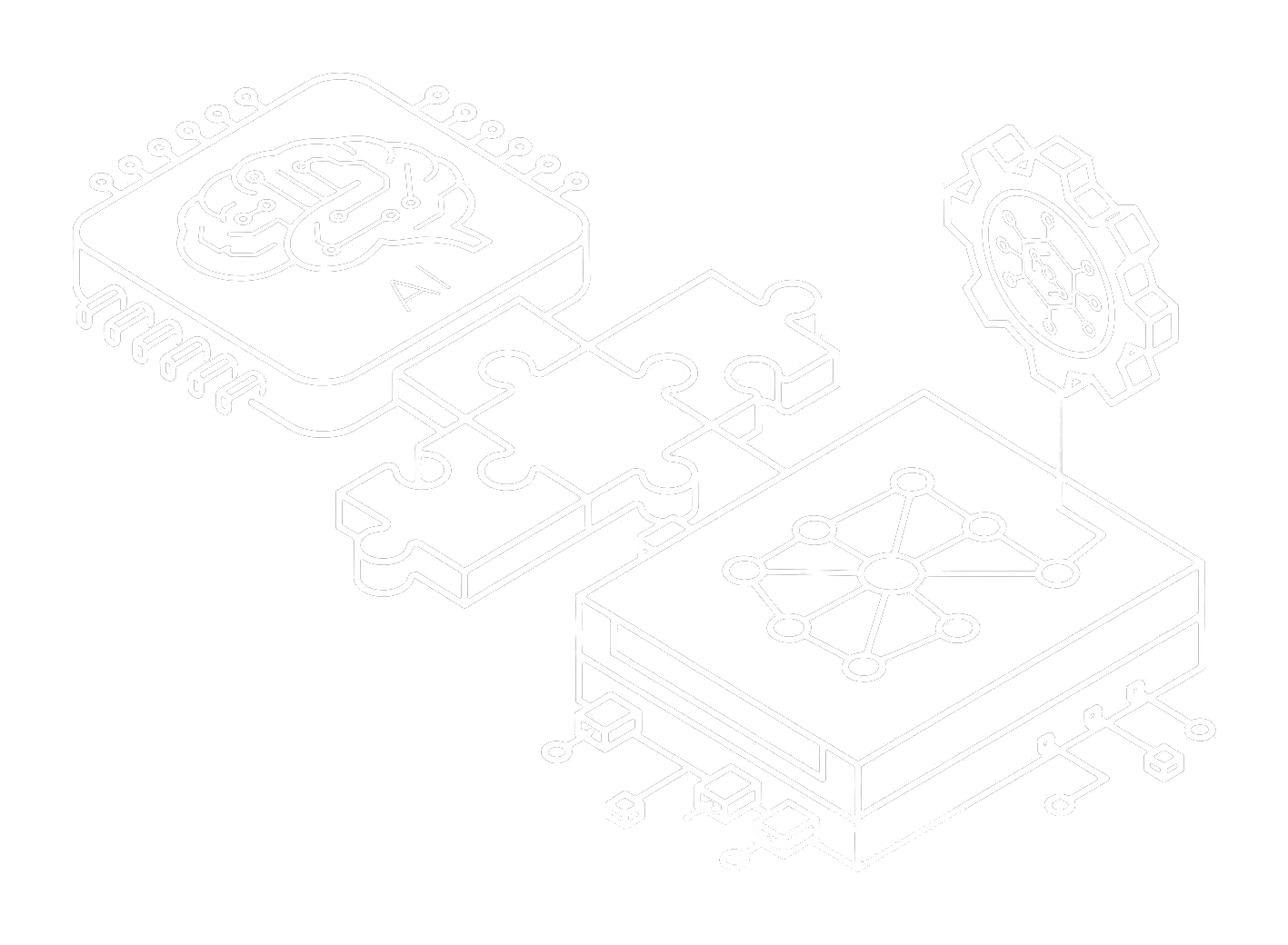 Isometric line art of a microchip with a brain, puzzle pieces, and a connected gear with a neural network.