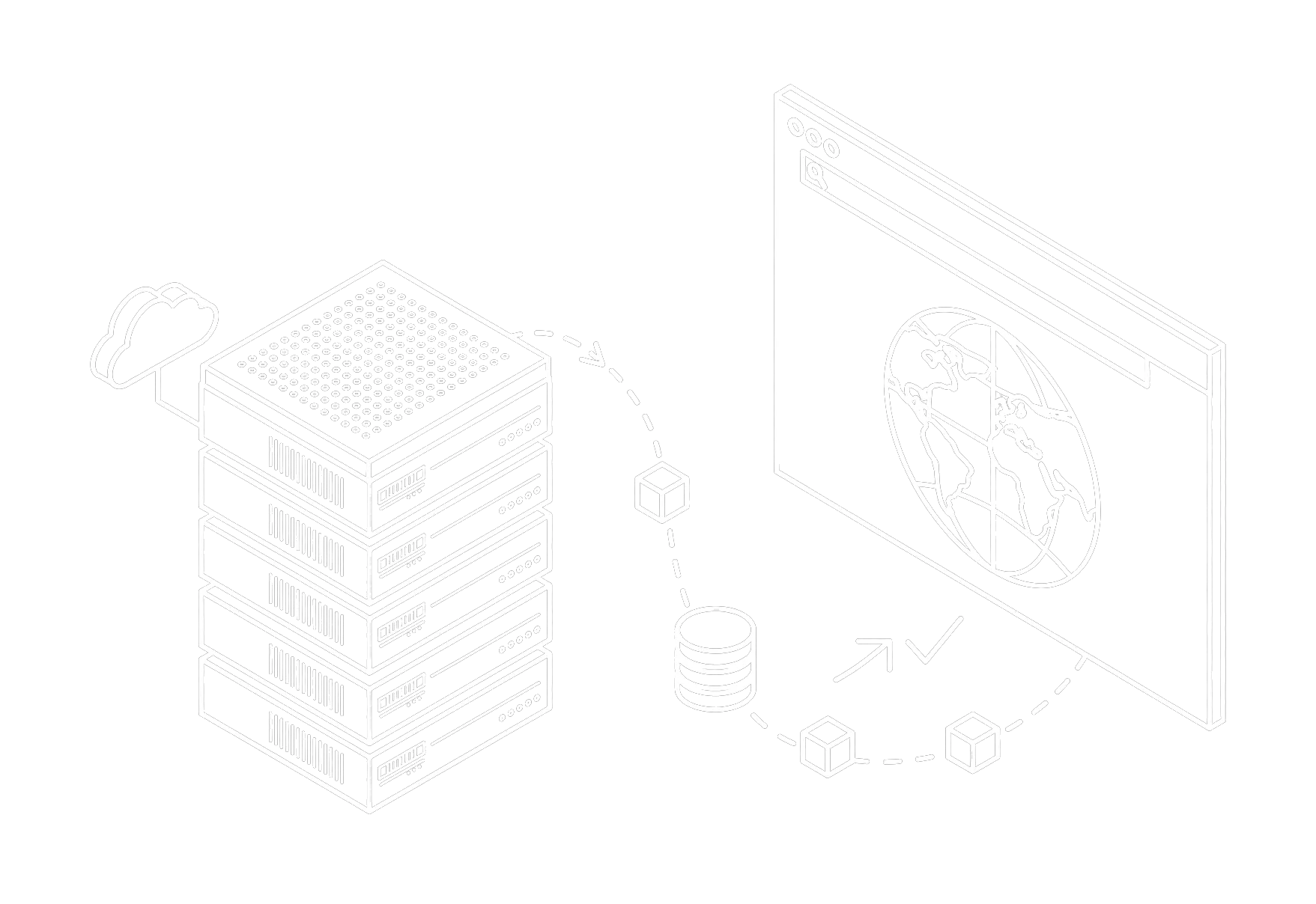 Isometric line art of a server rack connecting to a cloud, database, and browser window with a globe.