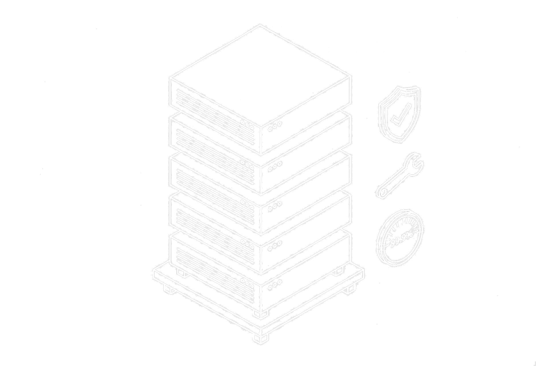 Isometric line art of a server rack stacked with units, accompanied by security, wrench, and uptime icons on a black background.