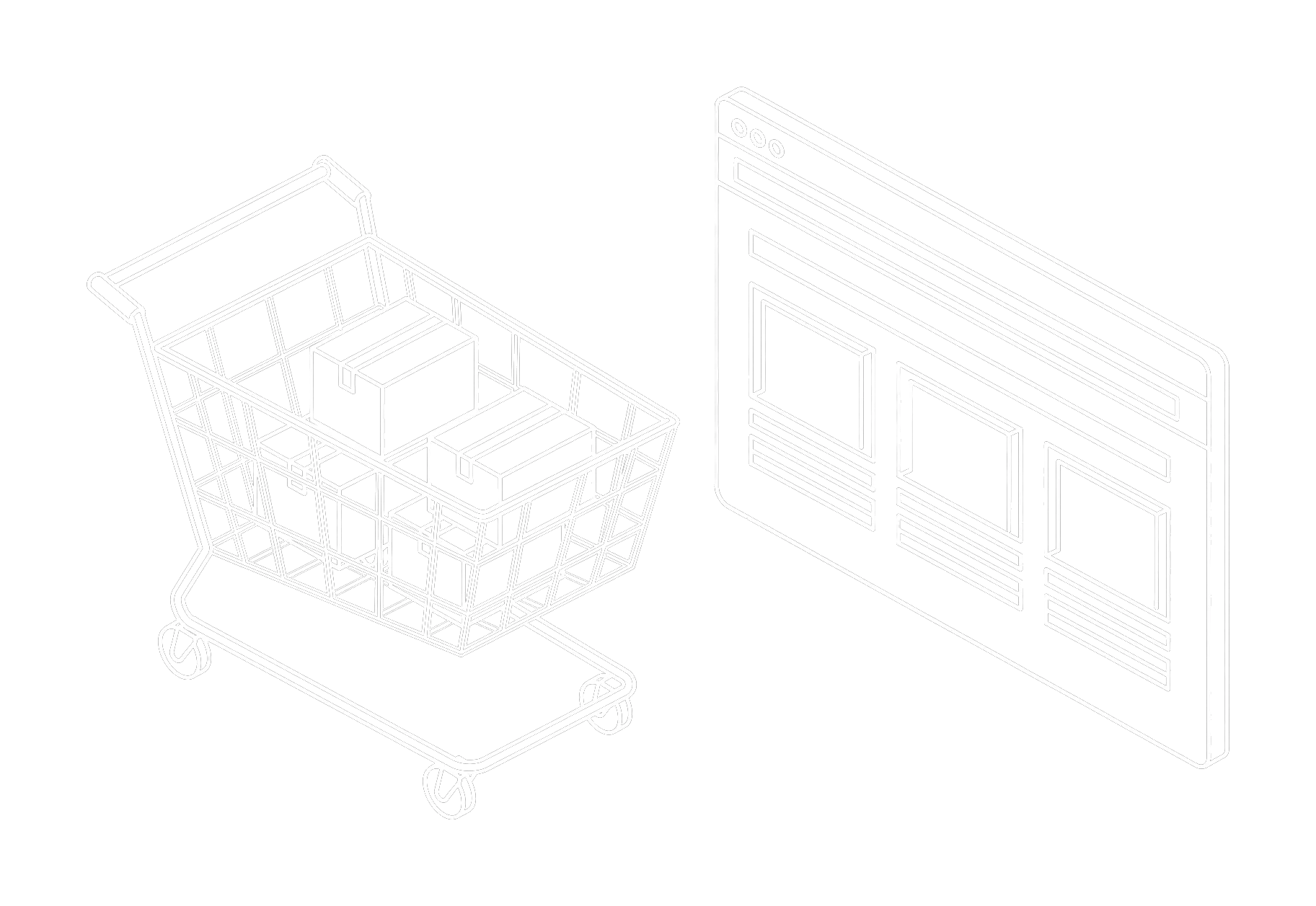 An isometric outline drawing of a shopping cart containing boxes next to a browser window on a black background.