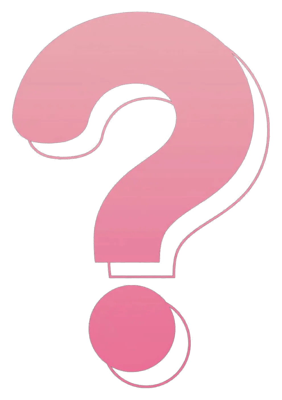 A light pink question mark symbol with a thin outline set against a black background.
