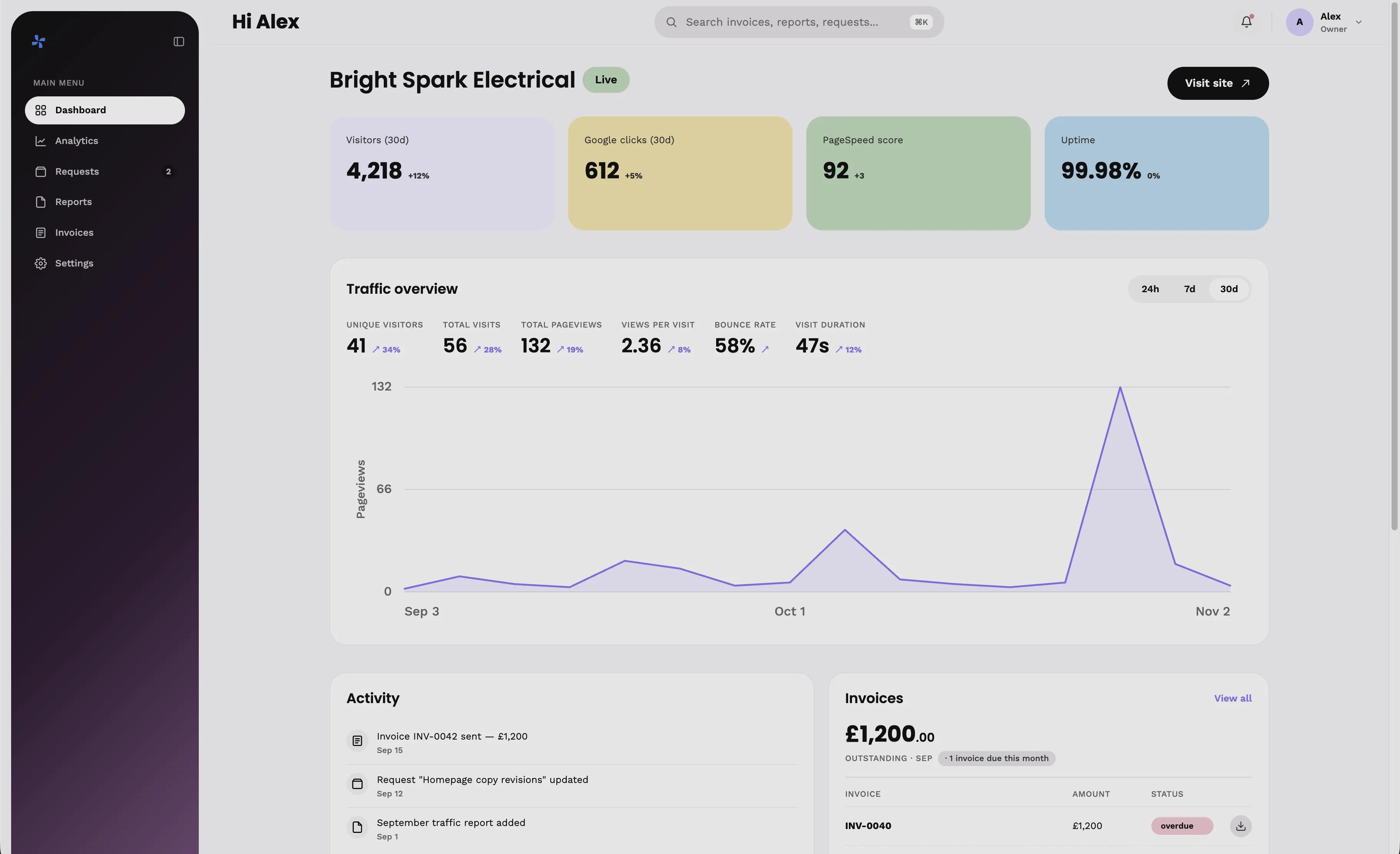 Sitemate Studio Hub's SaaS analytics dashboard displaying traffic overview, visitors, Google clicks, PageSpeed score, and uptime metrics.