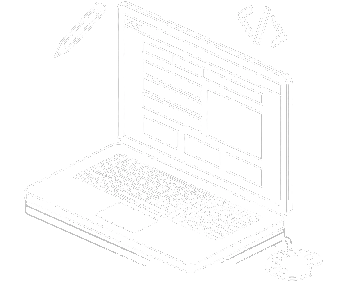 An outline illustration of an open laptop displaying website wireframes, surrounded by coding, writing, and design icons.